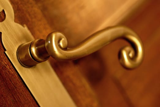Gold handle and wooden door close up