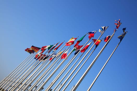 Flags of European states against blue sky