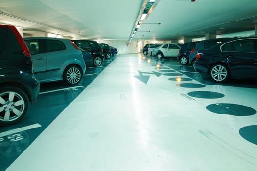 Parking in the parking garage in cyan tone