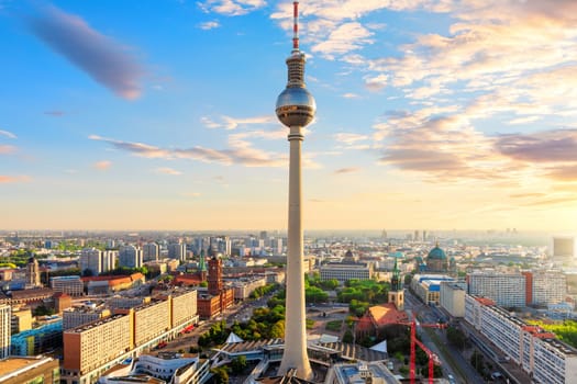 Beautiful aerial panorama of Berlin at sunset, Germany.