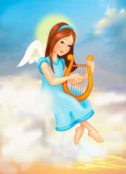 young girl angel sitting on clouds and singing on harp