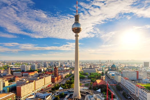 Beautiful aerial sunny panorama of Berlin at sunset, Germany.