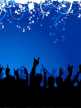 Silhouette of an excited audience on floral grunge background