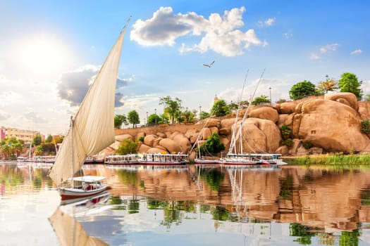 The boat is sailing by the Picturesque banks of the Nile and traditional buildings of Aswan, Egypt.