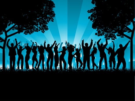 Silhouettes of lots of people dancing outdoors