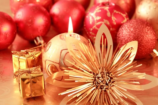 Christmas still life in golden and red tone