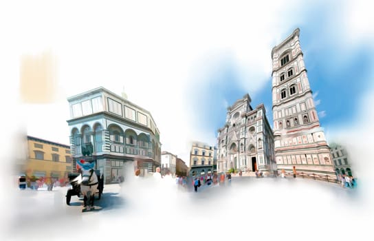 The Duomo square in Florence in a near-watercolor illustration.   Is recognizible the Santa Maria del Fiore church, the Ghiberti Baptistery and the Giotto Belfry