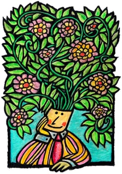 A springtime concept Illustration: A man with a lot of green leaf and flowers jumping from his head. A child style illustration. Also a Gardening concept.   Technique: oil pastels on paper.