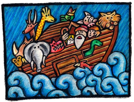 A  Noah's Ark Illustration: Some Noah's Animals are waiting for the end of the Rain   Technique: oil pastels on paper.