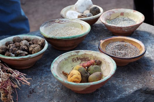 A number of different types of potatoes and grains peruvians eat