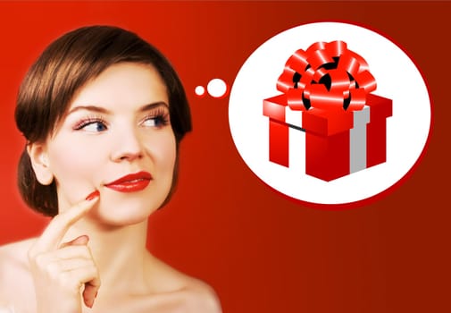 a dreaming christmas girl over the red background