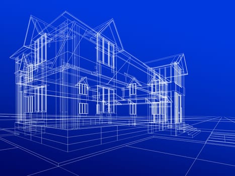3D rendering wire-frame of house. Blue background.