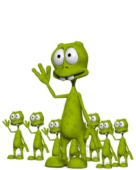 An image of lots of little waving cloned aliens.