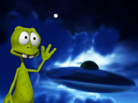 An image of a cartoon alien waving at a UFO.