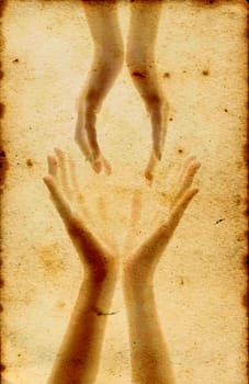 Vintage card with reaching hands in sepia tone