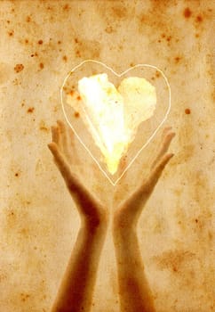 Vintage card with hands giving a flower - sepia tone