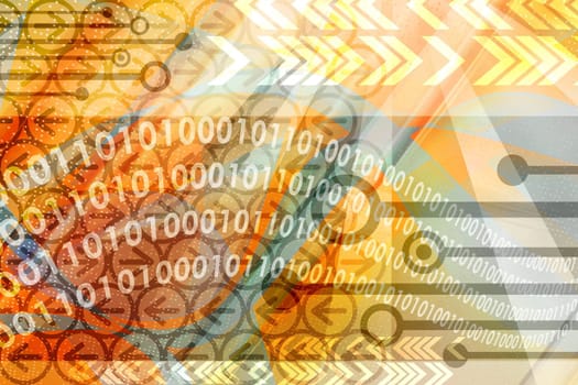 Computer technology elements with binary data leaks in abstract colorful background