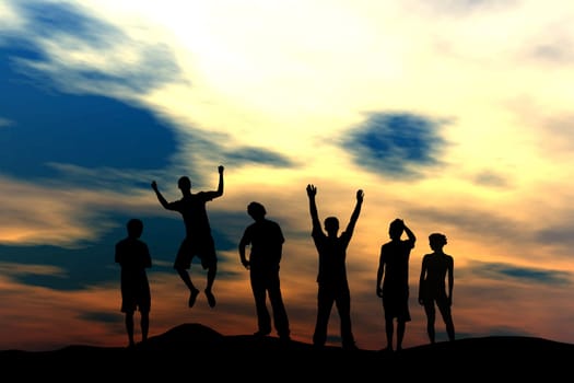 Active people silhouette at sunset - team concept