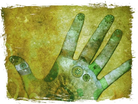 Illustration of a hand with reflexology points