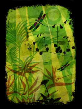 Jungle illustration in vibrant colors with vegetation and dragonfly