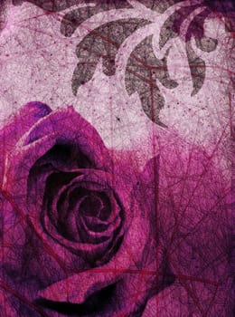 Grunge background with purple rose and ornaments - vintage paper texture