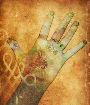 Illustration of a hand with reflexology points