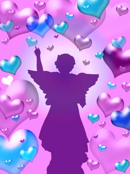 Illustration of purple hearts background with winged angel silhouette - valentine card