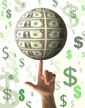 Financial concept - hand holding spinning money globe and money symbols in the background