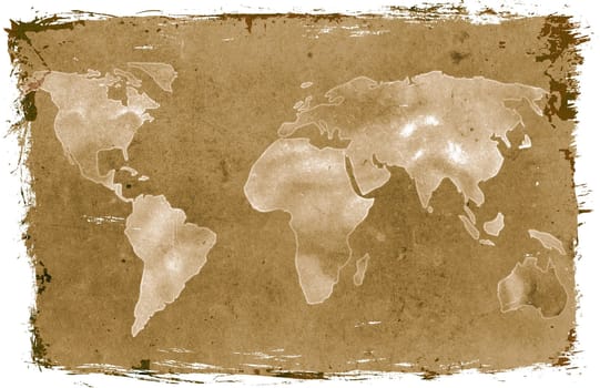 Illustration of vintage world map over grunge sepia paper background
