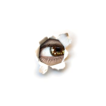 Spy eye looking trough a hole - white background