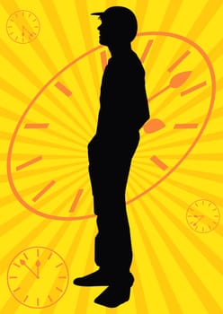 Silhouette of a boy waiting over a rayed background with clocks representing time passing by