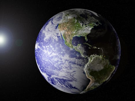 Globe of planet Earth, view on North- and South America. Computer generated image with elevation, shadows/highlights and city lights on (see especially the west of the U.S.A.!!, very unique image.)