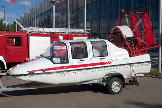 red-white aerosleighs on Exhibition of technique of rescue in Moscow, Russia