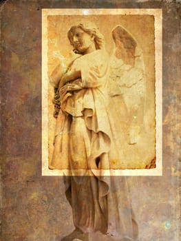 Mixed media illustration of winged angel over grunge background