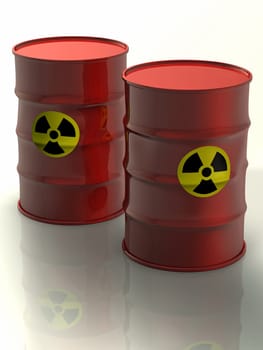 3d concept illustation of two radioactive barrels with nice reflection