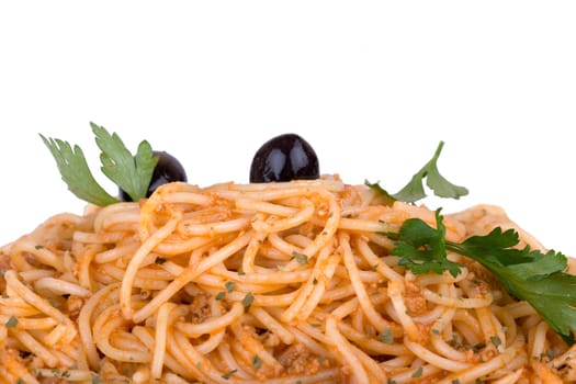 spaghetti with tomato sauce and olive  on top