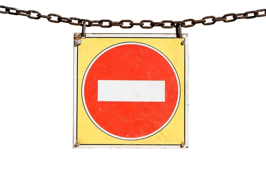 No entry traffic sign No entry traffic sign hanging from a chain