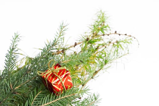Christmas decoration made of green pine needles and small present