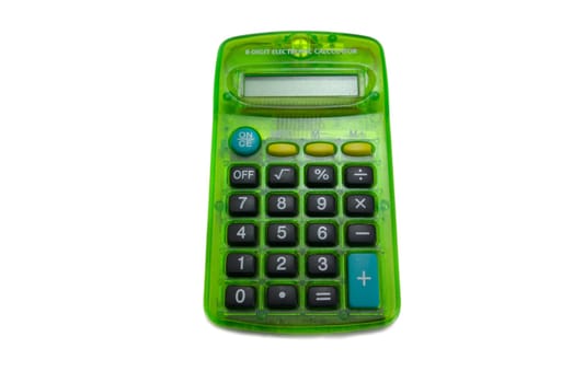 Green 8 digit electronic calculator with wite background
