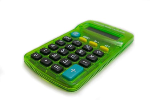 Green 8 digit electronic calculator with wite background