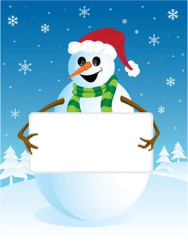 vector illustration of a snowman with blank board for text