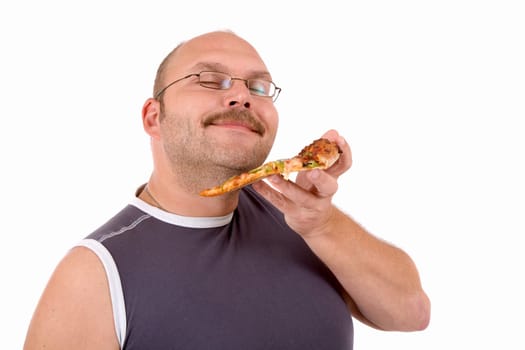 Mature man looking very pleased while smelling his pizza