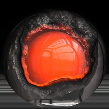 Computer generated illustration of black ball with red hot center