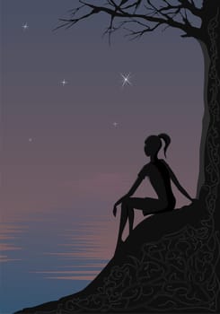 The silhouette of the girl sitting on the shore against an evening-glow view