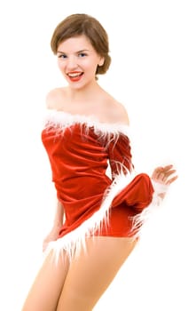 a christmas girl dressed in the red fur coat