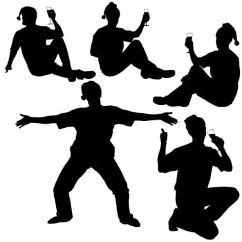 Silhouettes - Santa Drinking A - New Year's Celebrations - Champagne Toast    Detailed black and white vector illustration.