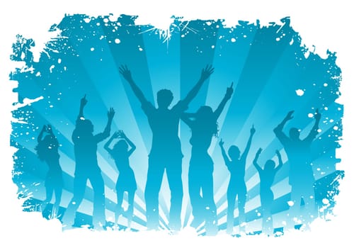 Silhouettes of people dancing on snowy background