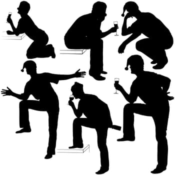 Silhouettes - Santa Drinking C - New Year's Celebrations - Champagne Toast    Detailed black and white vector illustration.