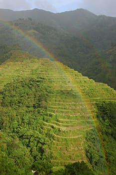 Double rainbow over rice terraces after shower