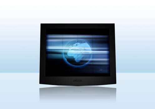 3D-Rendering of a flat screen on reflective ground.